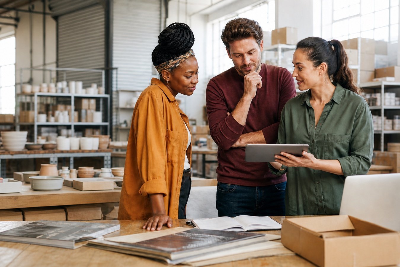 Three people reviewing business plans together in a small-business workshop