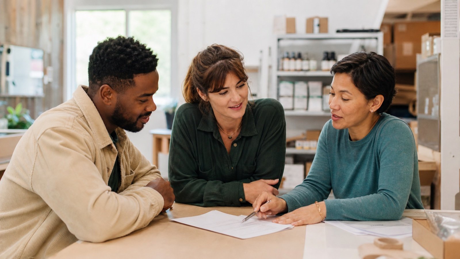 Three people discussing business funding in an SME workspace