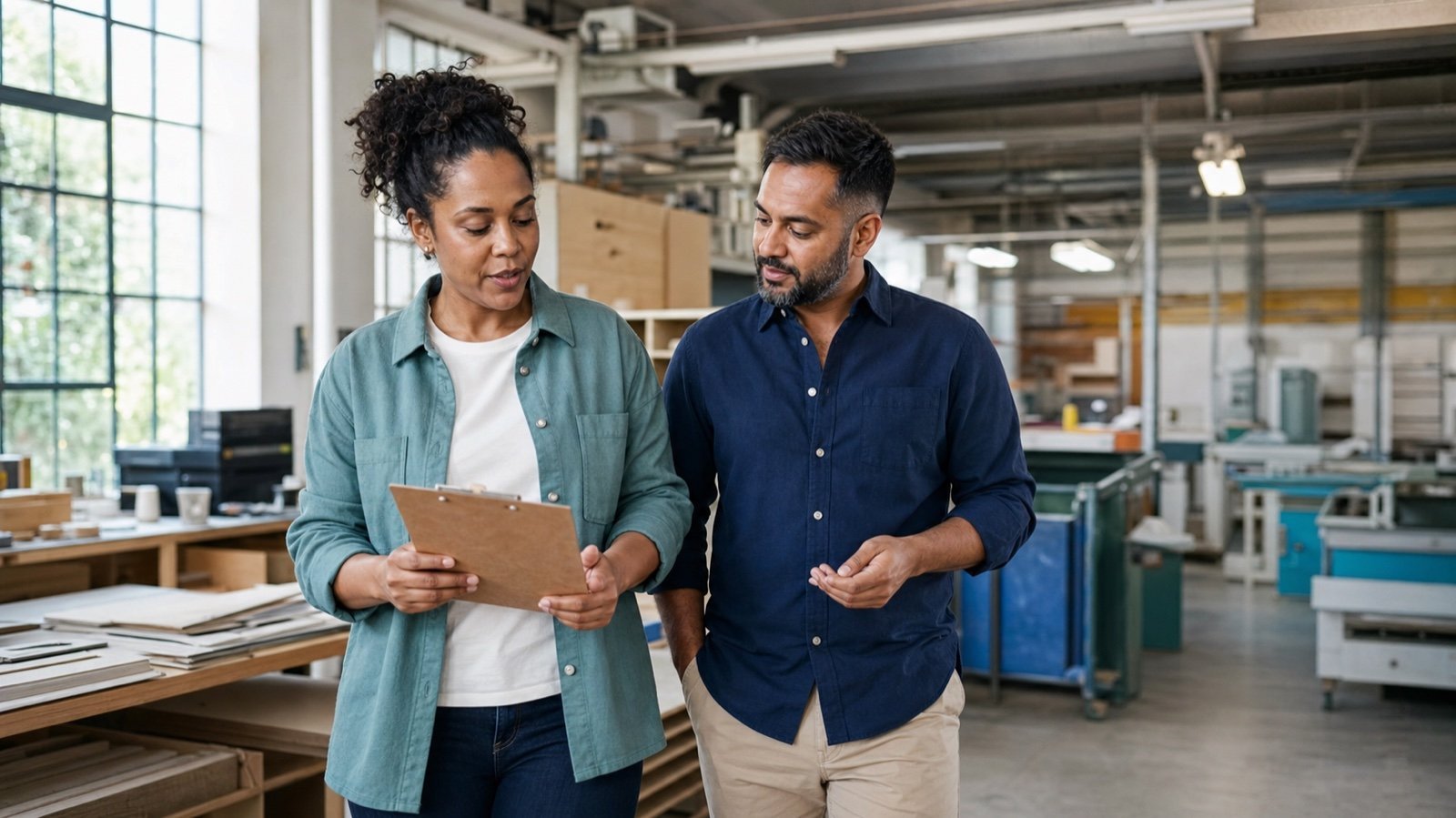 A business owner and commercial funding adviser discussing requirements at the client’s premises